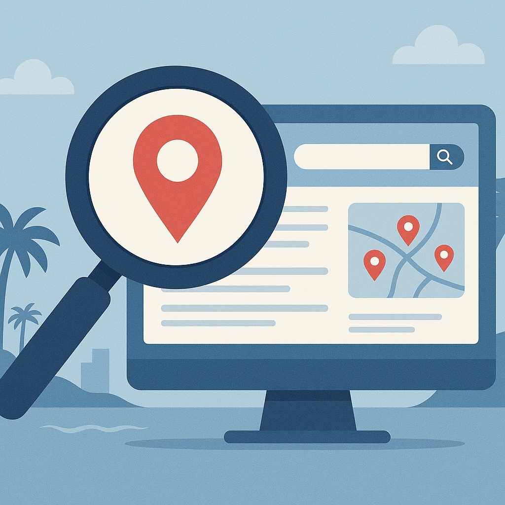 Gold Coast map with SEO location pins showing local search optimization strategies for businesses