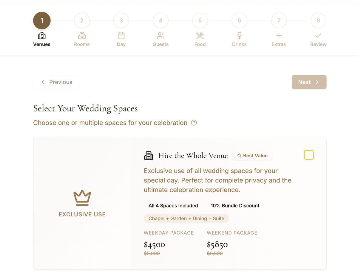 Package builder step 1 - Venue setup and layout customization