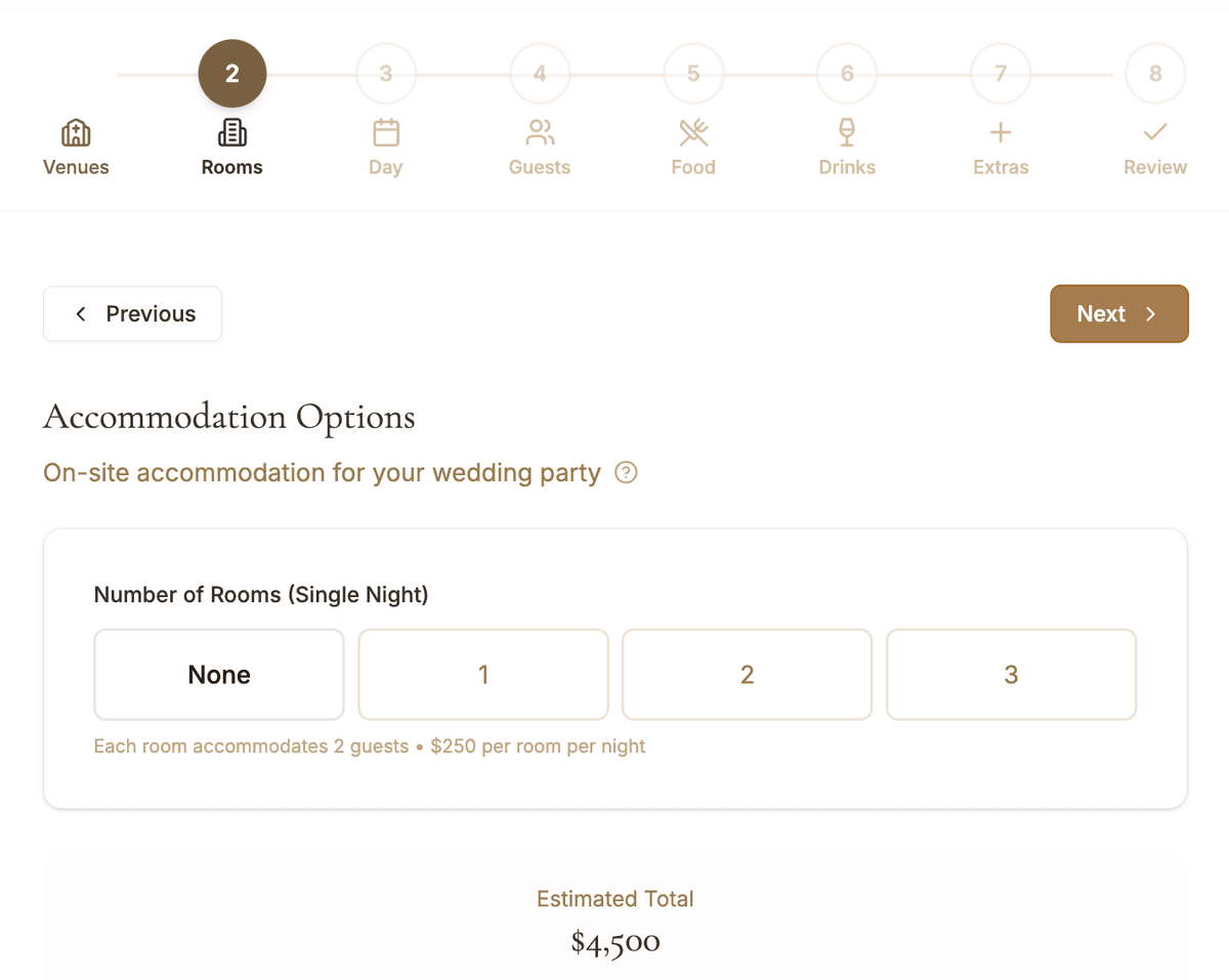 Package builder step 2 - Catering and menu selection