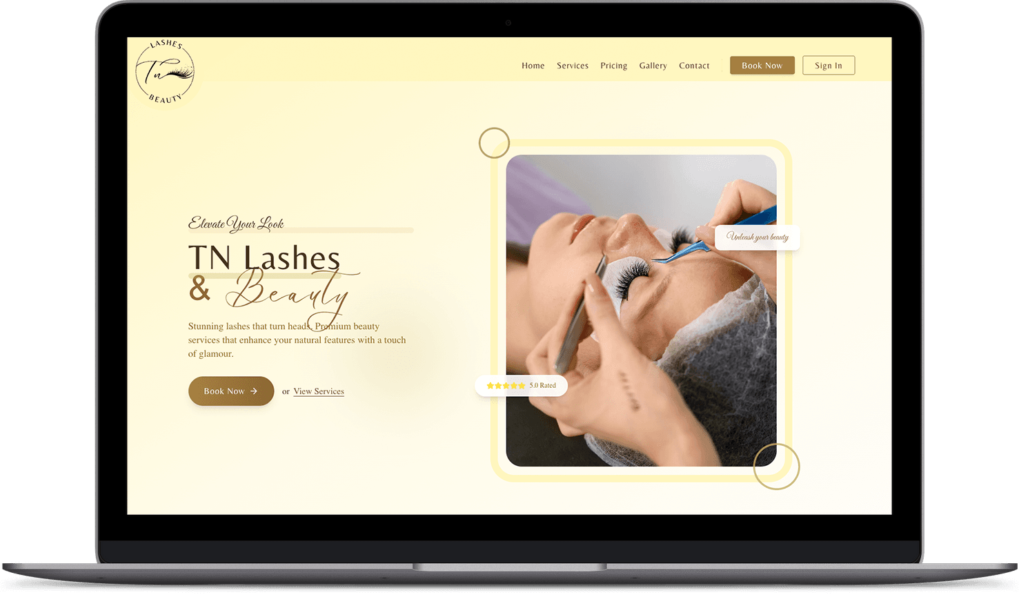 TN Lashes & Beauty website on a laptop