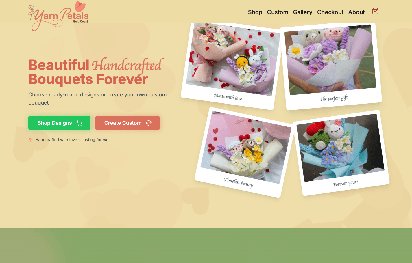 Yarn Petals e-commerce platform showing customizable flower bouquets